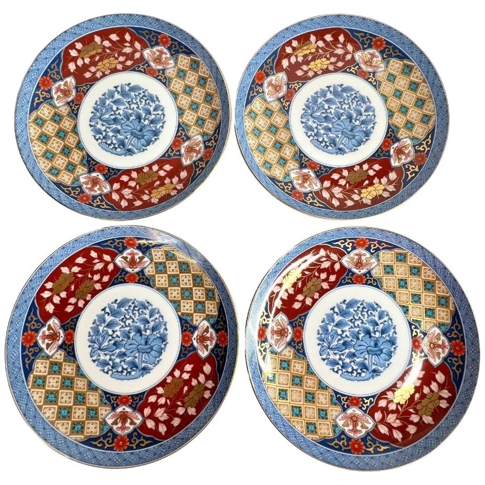 4 Smithsonian Institution Imari Blue Japanese Salad Plates Set Japan Floral Lot‎